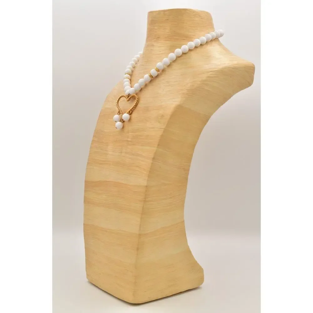Deja Heart Collar Necklace Chunky White Beaded Brushed Gold Bold Signed BinA17